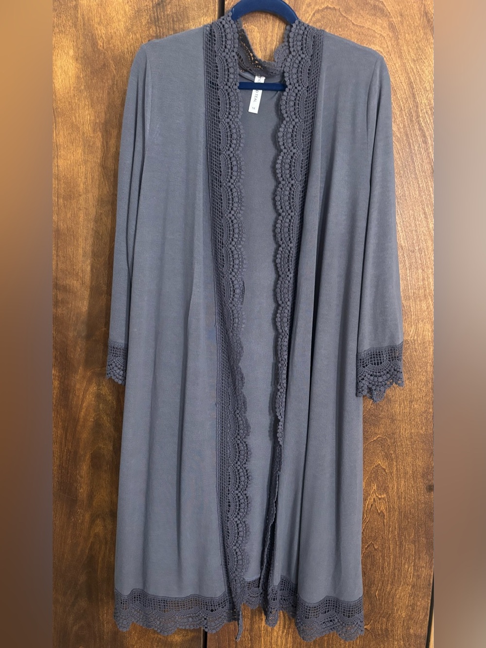 Tickled Teal Gray Lace-Trim Women's Open Front Cardigan